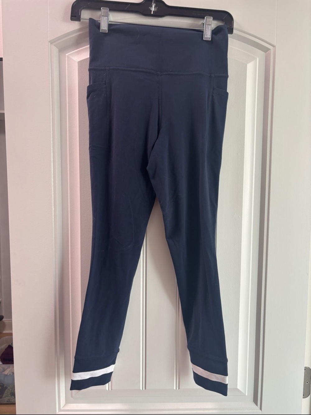 Athleta Navy Blue Leggings with White Hem Stripes